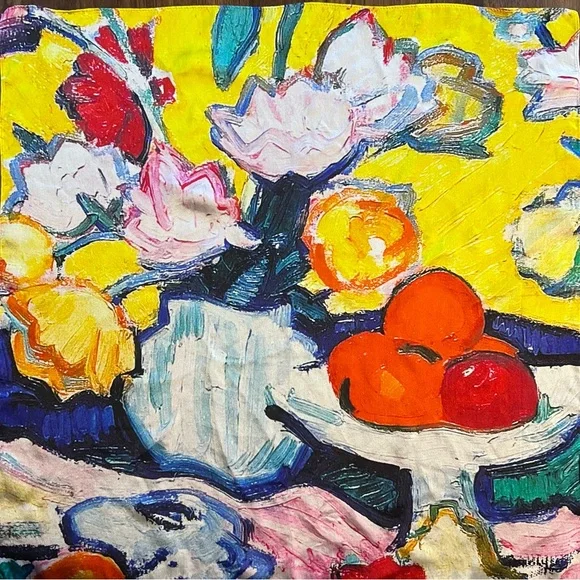 100% Silk Square Scarf Tulips In A Pottery Vase - Picture 3 of 4